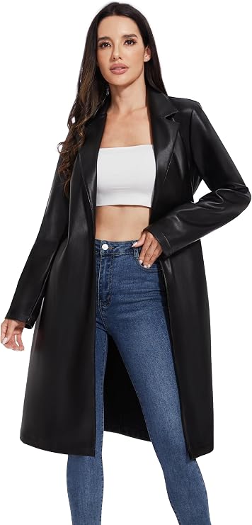 Fahsyee Women's Leather Trench Coat, Faux Motorcycle Plus Size Moto Biker Jacket Short Lightweight Vegan Pleather Fashion