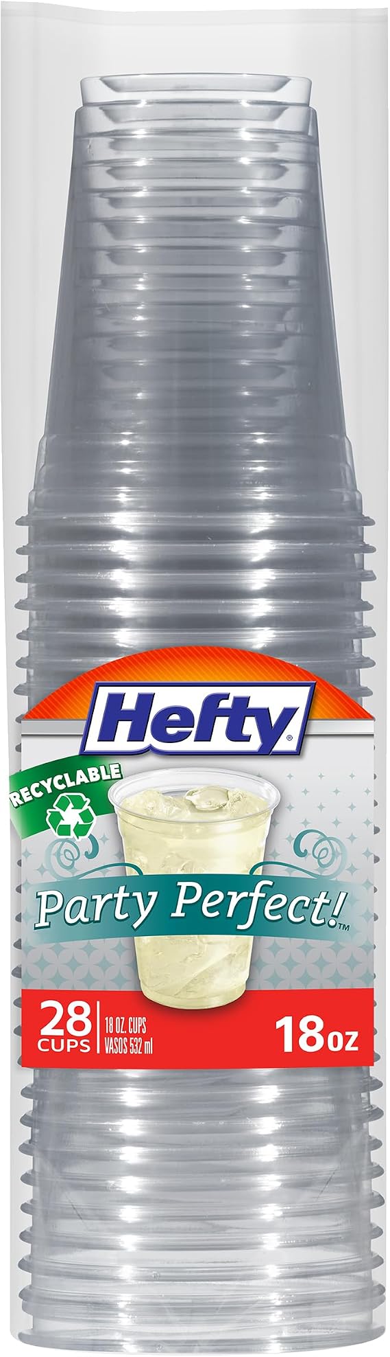 Hefty Party Perfect Clear Plastic Cups, 18oz, 28ct | Clear Disposable Party Cups, Premium Upscale Look, Shatter Resistant, Easy Cleanup, Recyclable, Great for Large Gatherings