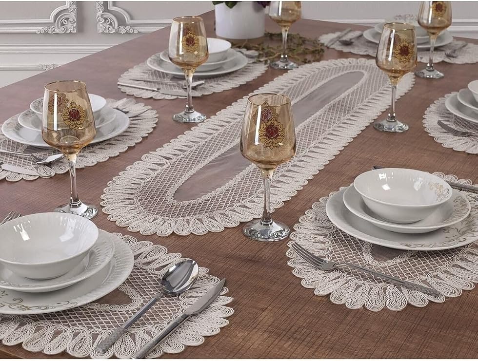 Tropical Home 6 Person American Serving Supla And Runner Set 7 Piece Dowry Set Embroidered Table And Presentation Set Off-White Vivien