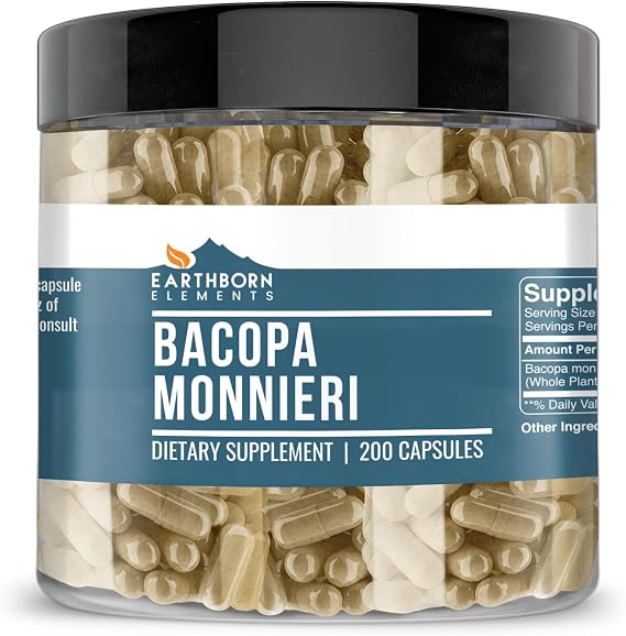Earthborn Elements Bacopa Monnieri 200 Capsules, Pure & Undiluted, No Additives