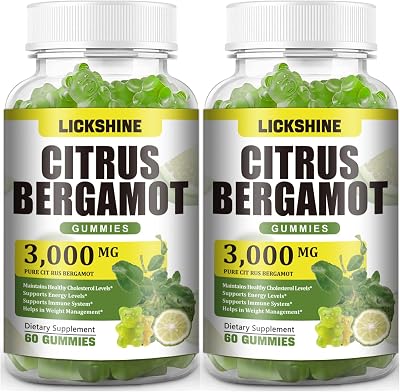 lickshine 2 Pack 3000MG Citrus Bergamot Gummies - Citrus Bergamot Extract Cholesterol Lowering Supplement for Immune Support Anti-Aging, Hight Cholesterol Sugar-Free Vegan Lime Flavor 120 Cts
