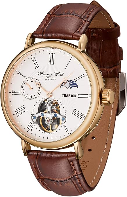 TIME100 Men's Automatic Watch Navigator-Series Tourbillon-Style Dual Time Zone Business Calendar Mechanical Watch Leather Strap