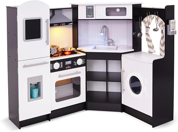 Lil' Jumbl Corner Wooden Play Kitchen, Icemaker & Stovetop Sounds, Black | Space-saving pretend cooking for any corner of a playroom, bedroom, daycare, or classroom - hands-on role-play.