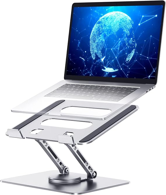 Adjustable Laptop Stand with 360 Rotating Base, Computer Stand Ergonomic Laptop Riser for Collaborative Work Dual Rotary Shaft Fully Foldable for Easy Storage Fits All Laptops up to 15.6 inches-Silver