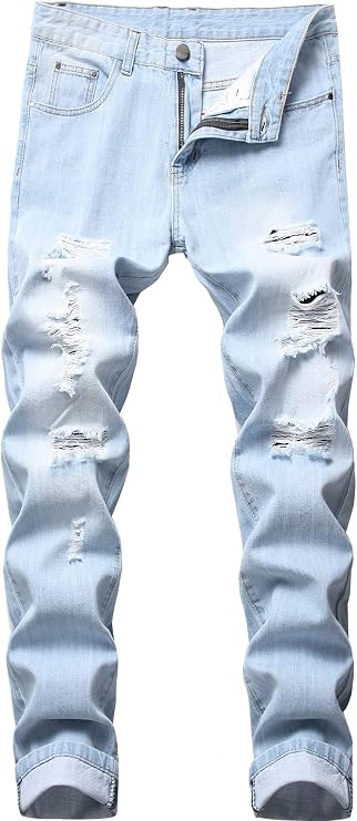 FREDD MARSHALL Men's Slim Fit Ripped Distressed Bleach Washed Fashion Denim Jeans Pants,Light Blue958,38