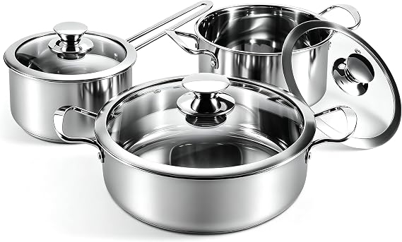Stainless Steel Pan Set, 6-Piece Tri-Ply Base Induction Pots and Pans Set