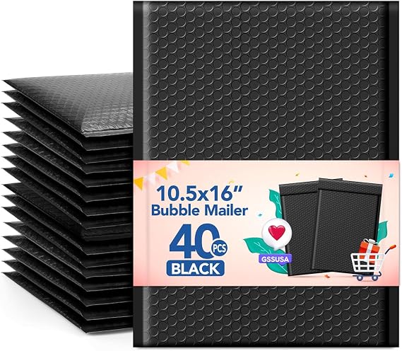 GSSUSA Black Bubble Mailers 10.5x16 40 Pack, Self Seal Padded Envelopes