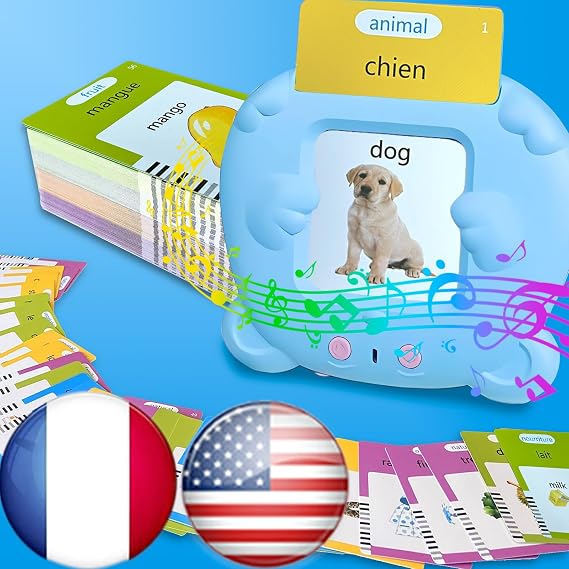 Bilingual English French Flash Cards - Francais Talking Flash Cards for Kids, Pocket Speech for Toddlers 3-12, Educational Learning Toy, Audible Gift Play Cards, Autism Sensory Toys (Blue)