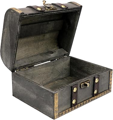 Wooden Vintage Treasure Chest Box with Lock and leather Surface Handmade Wooden Trinket Jewelry Case for Home Decoration Gray