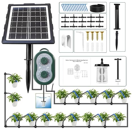 50FT Solar Drip Irrigation Kit, Automatic Watering System with Timer and Water Sensor for 15 Potted Plants, Smart watering device with USB charging, suitable for gardens, balcony and courtyards