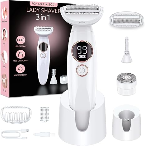 Women's Shaver 3-in-1 Intimate Shaver for Women Facial Hair Remover for Women Women's Shaver Electric Wet Dry Shaver IPX7 Waterproof Trimmer Women for Bikini Area Armpits Legs USB Charging