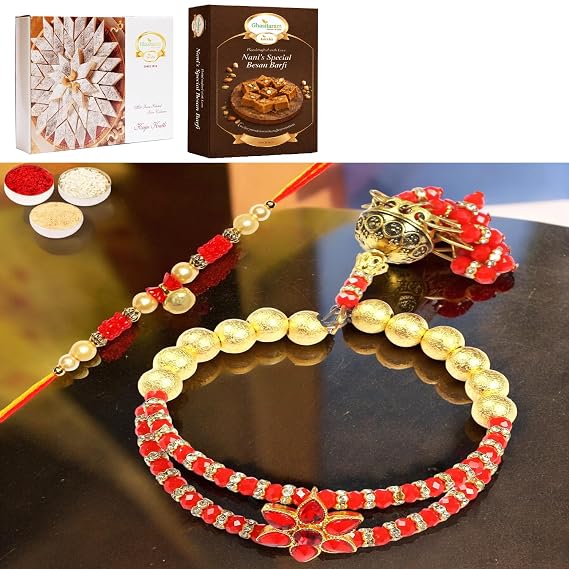 Ghasitaram Gifts Rakhis for Brother - Rakhis Online-T-101 Bhaiya Bhabhi Rakhi with 200 gms of Besan Barfi and 200 gms of Kaju Katli