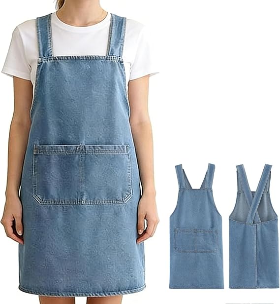 Denim Cross Back Aprons for Women with Front Pockets