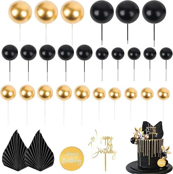 30Pcs Ball Cake Toppers, Black and Gold Cake Decorations