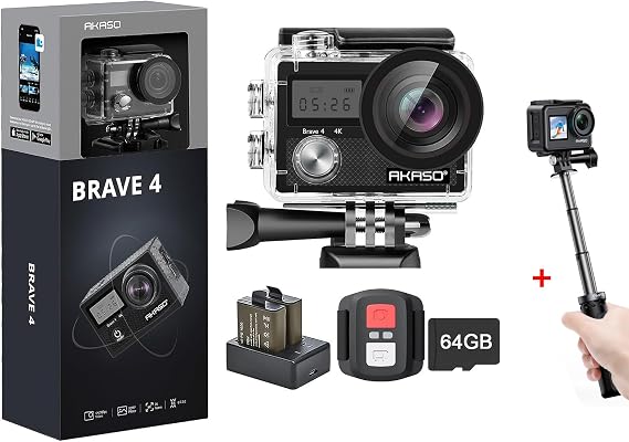 AKASO Brave 4 Action Camera with 64GB MicroSDXC Memory Card and Mini Selfie Stick Tripod