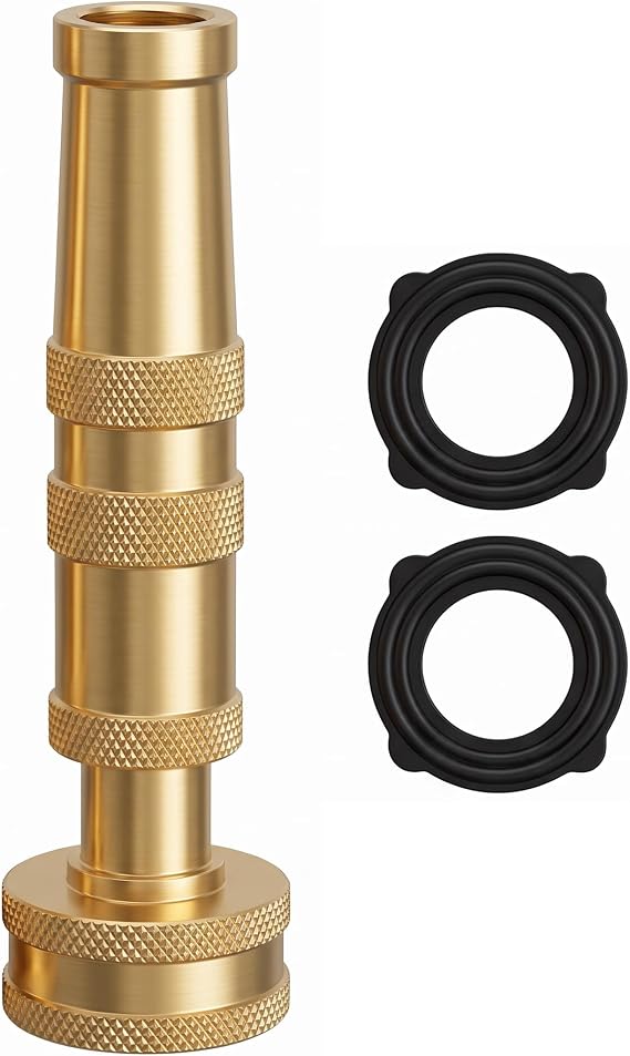 Hourleey Adjustable Twist Hose Nozzle, 4" Heavy-Duty Brass 3/4" GHT Hose Nozzle with 2 Garden Hose Rubber Washers (1 Pack)