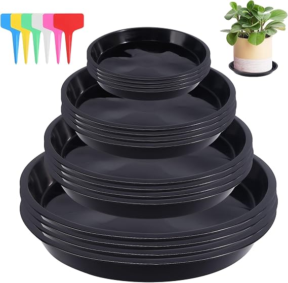 HFDONGL Plant Pot Saucers 16 Pieces Plant Saucers Plastic Thicker Plant Trays with 18 Pieces Label Round Plant Pot Trays for Indoor and Outdoor Plants (12/16/18/21cm, Black)