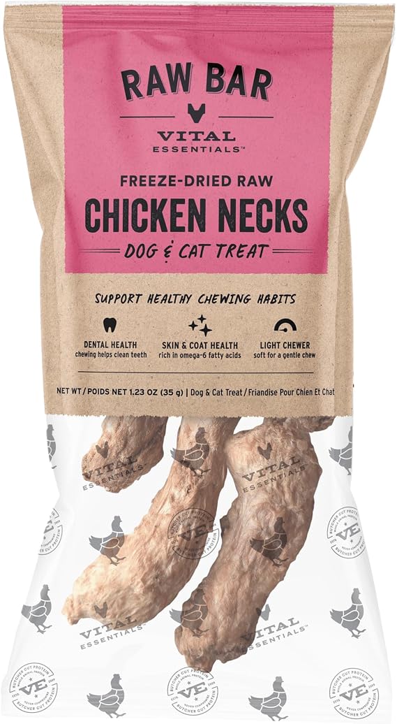 Vital Essentials Freeze-Dried Raw Chicken Necks Dog & Cat Treats, 1.23-oz | Single Ingredient Dog & Cat Treats for Light Chewers | Made in USA