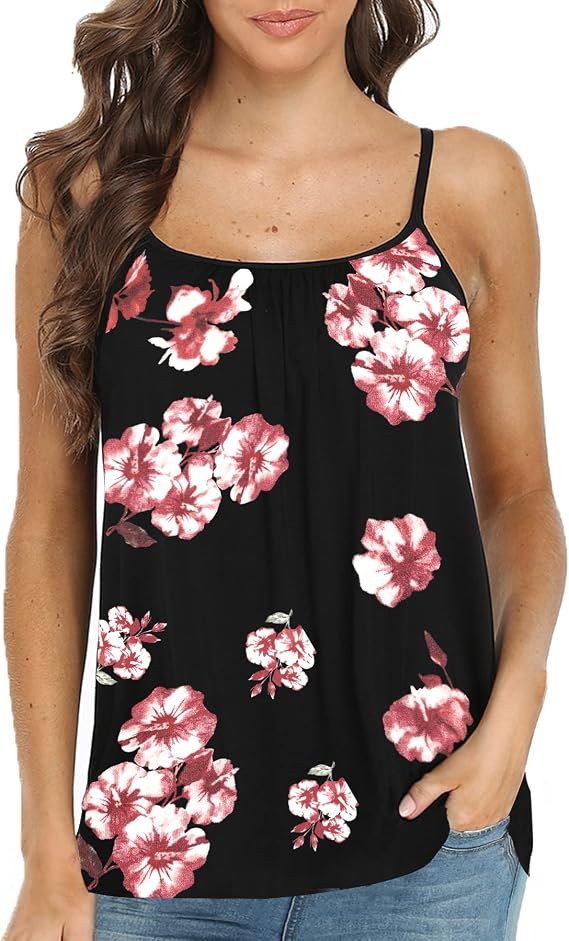 Women's Cami with Built in Bra Cup Casual Flowy Swing Pleated Tank Top with Adjustable Strap (S-4XL)