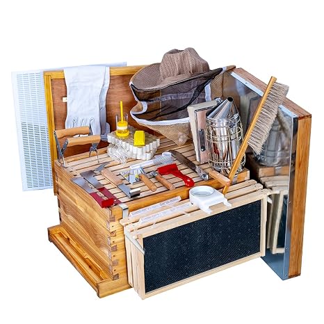 Beehive Starter Kit 10-Frame Bee Boxes and Frames Wax Coated Bee Hives and Supplies Starter Kit Including Beekeeping Tools Kit with Beekeeping Veil