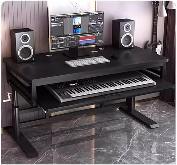 Music Studio Desk Workstation with Keyboard Tray, Organized Wiring & Keyboard Shelf Workbench Electronic Piano Midi Keyboard Music Production Recording Studio Hand-cranked Lifting Table(Black,47in)