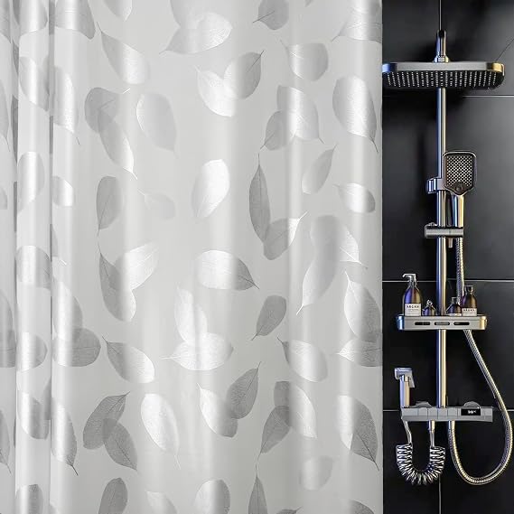 Silver Leaf Plastic Shower Curtain Liner, Waterproof, 70x72 in | Non-toxic premium PEVA material, 12 rustproof metal grommets, reinforced header, fits standard home and hotel bathtubs