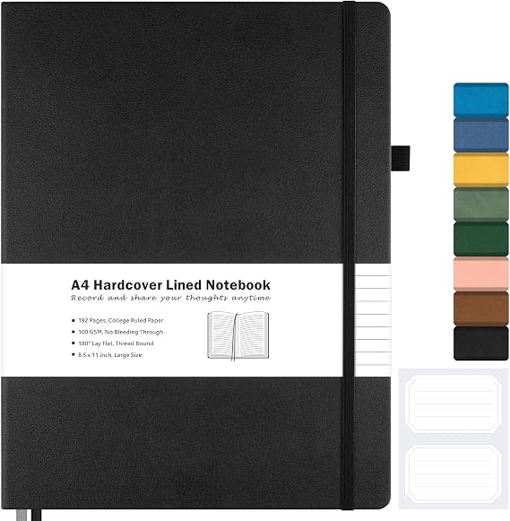 College Ruled Notebook, A4 Hardcover Leather Notebook for Work, Thick Paper | Large 8.5" x 11" Lined Notebook Journal for Women Men, 192 Page No Bleed, Lay Flat, 2 Pockets, Professional Business Notebook