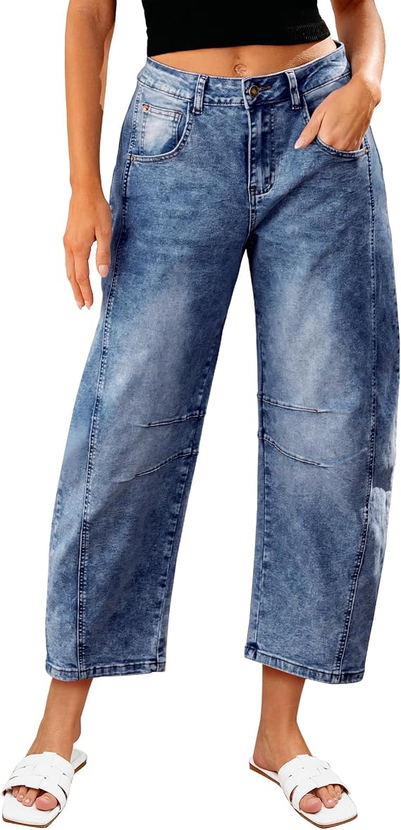 LookbookStore Barrel Jeans for Women High Waisted Cropped Wide Leg Trendy Baggy Distressed Stretchy Denim Jean Pants