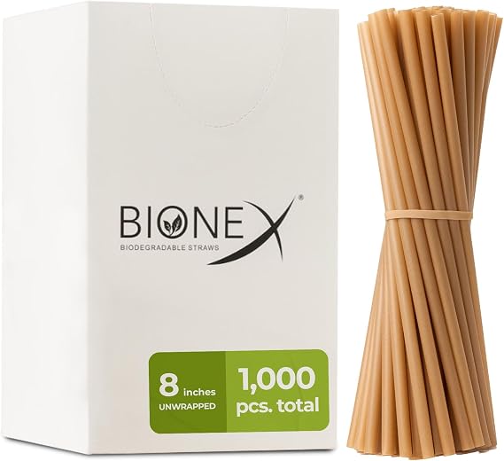 Bionex Sugarcane Straws Disposable 8 Inch, 1000 Count Unwrapped Straws, Plant Based Plastic Straws Alternative, US Manufactured Bulk Case for Cold Drinks
