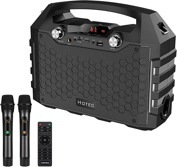 Hotec Wireless Bluetooth Portable PA Speaker System, Powerful Bluetooth Karaoke Machine with Dual Wireless Microphones for Karaoke, Wedding, Party, Teaching, Lecture, Church, Outdoor Indoor Activities