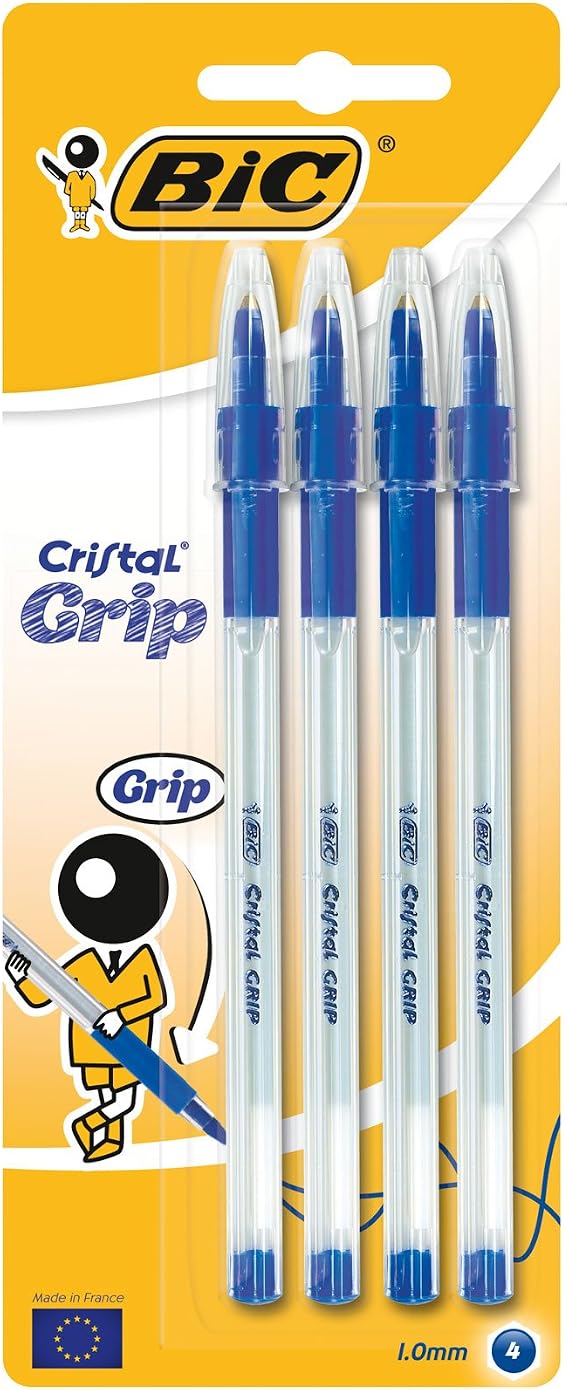 Bic Cristal Grip Ball Pens Medium Point (1.0 mm) - Blue, Pack of 4