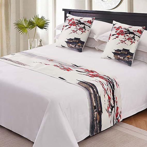Hotel Bed Runner Scarf Chinese Style Bed Scarve Bedding Decor Soft Bed End Towel Matching Cushion Cover Bedspreads Protection for Twin Queen King Size Bed,D-2*Pillowcase