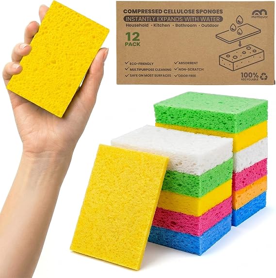Metflavor Compressed Kitchen Sponges, 12 Count, Thick Pop-up Dish Sponges