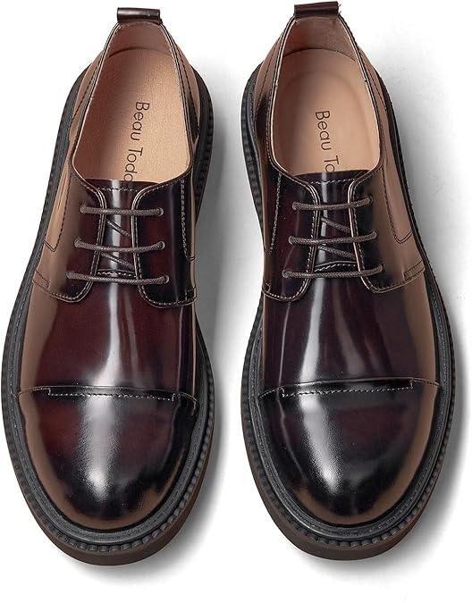 BEAU TODAY Mens Oxford Shoes, Business Dress Shoes for Men Lace-Up Formal Cap Toe Genuine Leather Men Derby Shoes Classic Casual Comfortable Oxfords