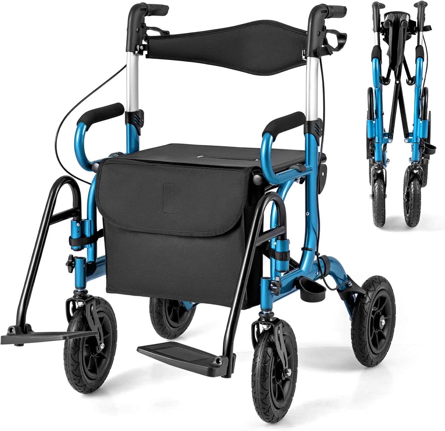 GOPLUS 2-in-1 Rollator Lightweight Aluminium Wheelchair Walking Aid with 6 Adjustable Heights Walking Trolley with Bag Stick Holder for All Terrain Foldable Travel Rollator for Seniors Disabled