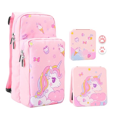 RHOTALL Pink Unicorn Travel Bag for Nintendo Switch/Lite/OLED/2 ,Cute Large Capacity Portable Carrying Case Compatible for Chest Shoulder Accessories Storage Backpack with 12 Slots Game Case,Thumb Cap