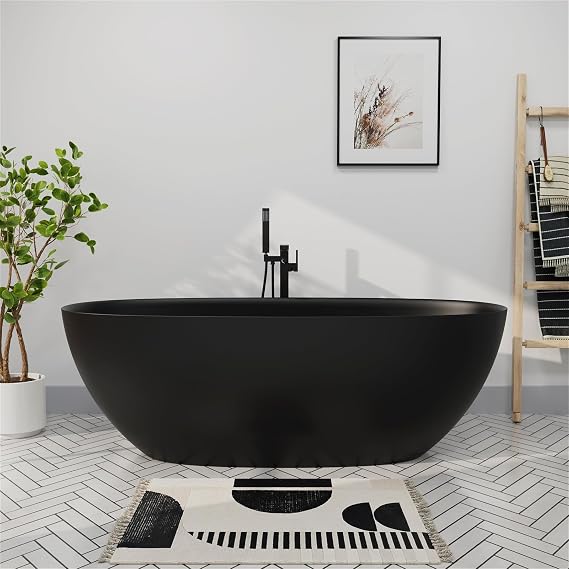 GIVINGTREE 65'' Freestanding Solid Surface Resin Stone Bathtub, Contemporary Design Stand Alone Tub with Pop-up Drain and Overflow, cUPC Certified, Matte Black (Oval)