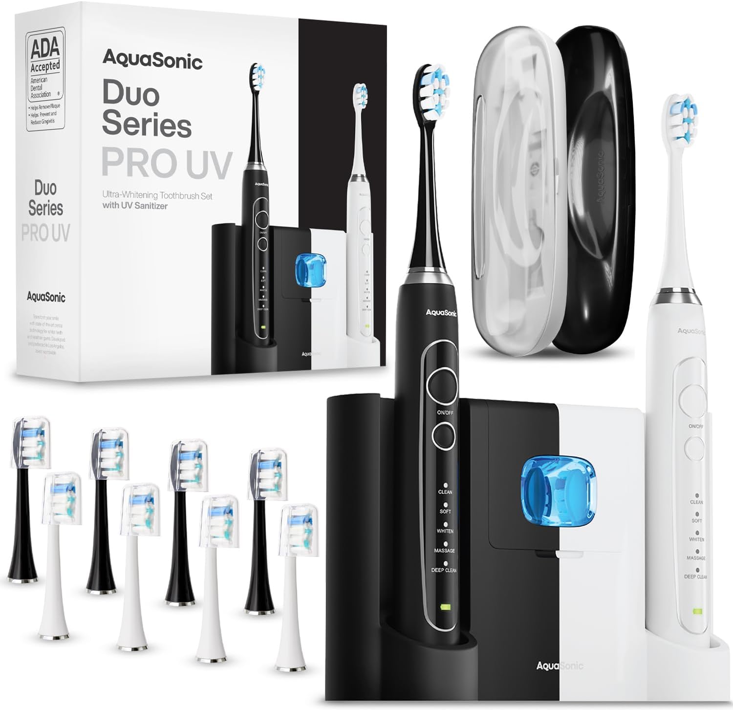 Aquasonic Duo PRO Ultra Whitening 40,000 VPM Electric Smart ToothBrushes ADA Accepted - 4 Modes with Smart Timers - UV Sanitizing & Wireless Charging Base - 10 Proflex Brush Heads & 2 Travel Cases