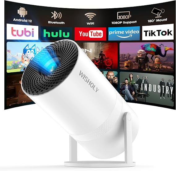 Built-in Apps & Android 12WISHOLY Mini Projector with WiFi and Bluetooth, Portable Smart Projector with Auto Keystone Correction, 1080P Support, 180 Rotatable, HDMI USB Compatible