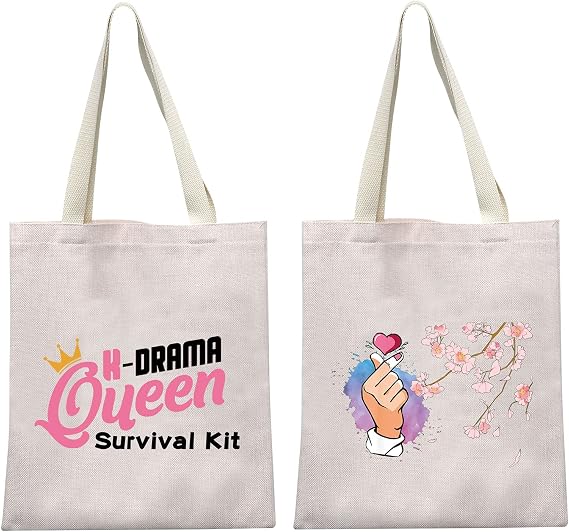 MEIKIUP K-Drama Mama Cosmetic Bag K-pop Merchandise Korean Drama Gift K-drama Queen Survival Kit For Women/Girl (K-drama Queen tote bag), 17*23.5