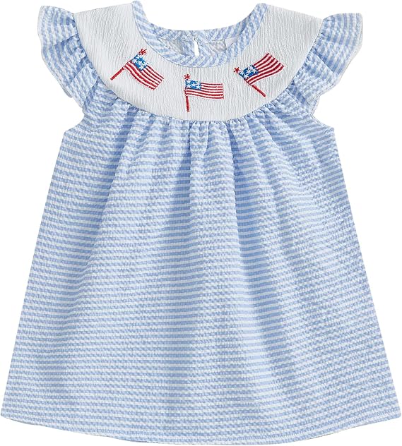 Toddler Baby Girl 4th of July Outfit Flag/Bow Embroidery Smocked Dresses Fourth of July Dress Patriotic Clothes