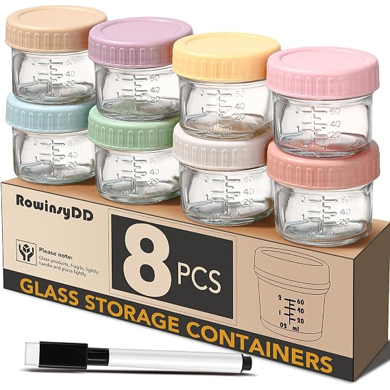 RowinsyDD Baby Food Containers, 4 oz, 8 Pack, Glass Jars with Lids