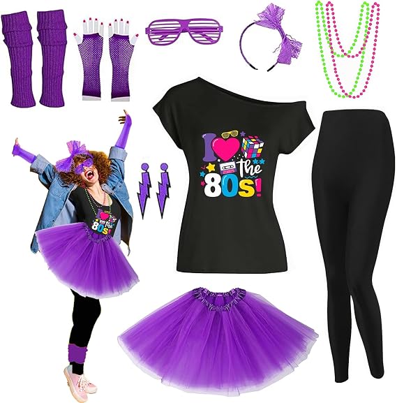 80s Outfit Women Costume Accessories Set T Shirt Shorts Tutu Skirt Neno Party Leg Warmers Headband