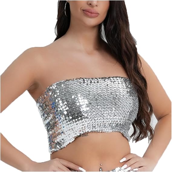 Women Sparkly Sequins Crop Top Vintage Strapless Rave Camis Tank Top Vest Belly Dance Top Cosplay Party Music Festival Beach Camisole Night Clubwear Halloween Costume Show Girl Outfit Silver