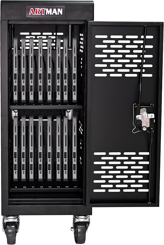 Laptop and Tablet Storage Cart, Mobile Charging Cart and Cabinet for Up to 16 Units, with Charging Port Screen Size Up to 14", Fits Chromebook, Tablet, Laptop, Suitable for School, Business