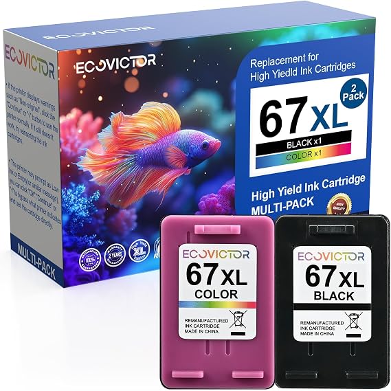 Remanufactured 67XL Ink Cartridge with V24.12.18 Chip Replacement for HP Ink 67 XL HP67XL Black and Color Pack