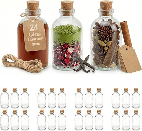 Small Glass Bottles with Cork Stoppers & Gift Tags, 24 x 50ml