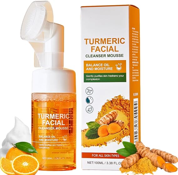 Turmeric Face Wash, Gentle Foaming Facial Cleanser with Brush, Brightening Face Cleanser, Deep Cleansing Pore, Control Oil, Reduce Blemish & Acne, Hydrating
