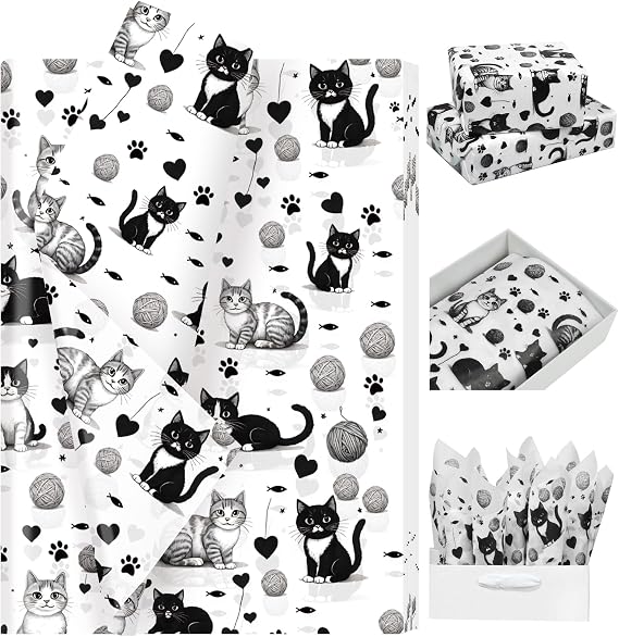 100 Sheets Black Kitty Tissue Paper - Cute Cat, Pet Paw & Yarn Pattern Tissue Paper, Animal Motif Wrapping Paper for Pet Lover, Party Decoration, DIY Projects, 13.8 x 19.7 Inches