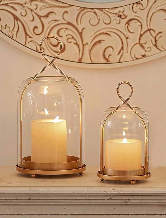 NUPTIO Glass Lanterns Decorative Outdoor, Gold Hurricane Candle Holders